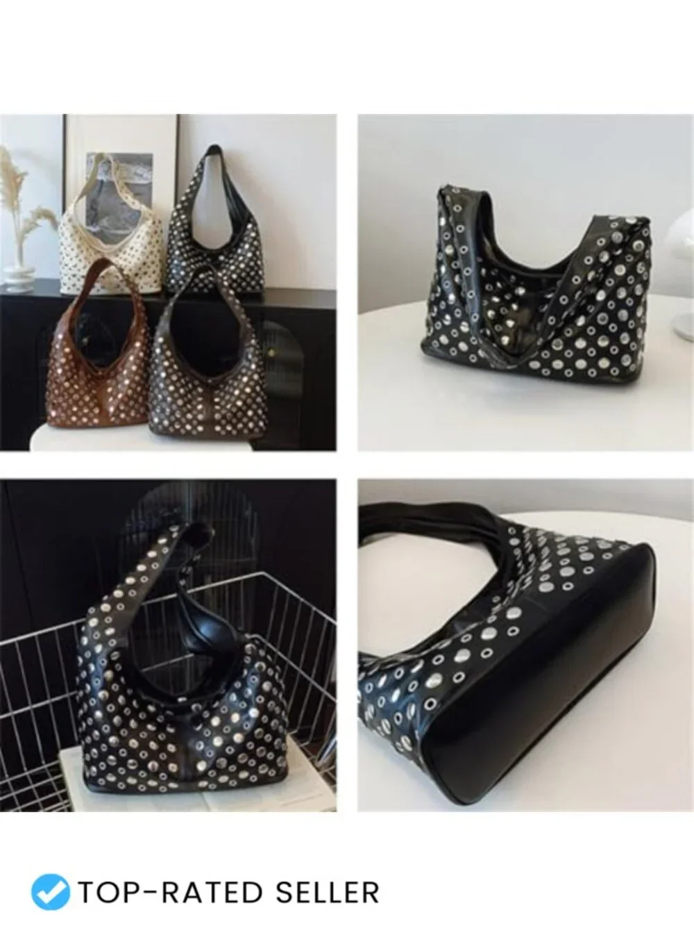Studded PU Leather Slouchy Hobo Handbag Women Satchel Shoulder Tote Underarm